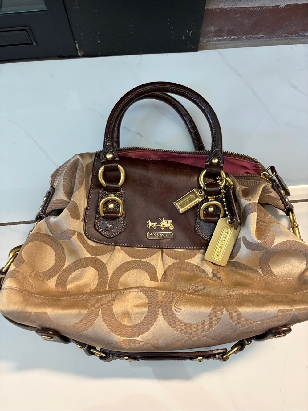 Coach Beige Signature Satchel with Brown Leather and Gold Hardware